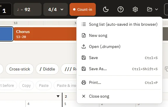 The File menu: Song list, New song, Open, Save, Save As…, Close song