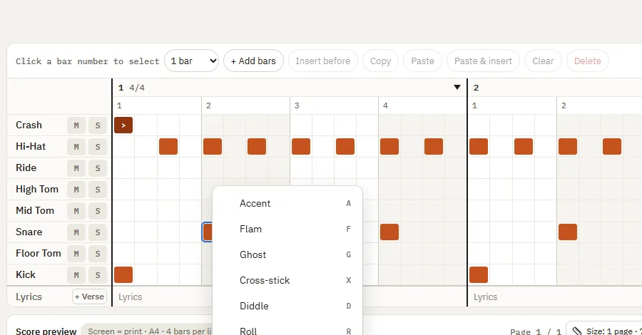 Note options above the grid and the right-click menu