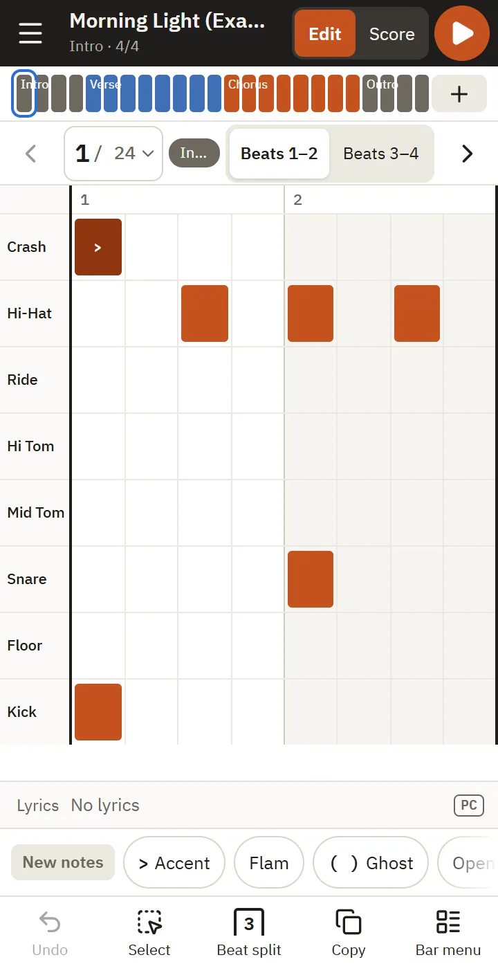 Phone in portrait: timeline, bar row, half-bar grid and toolbar