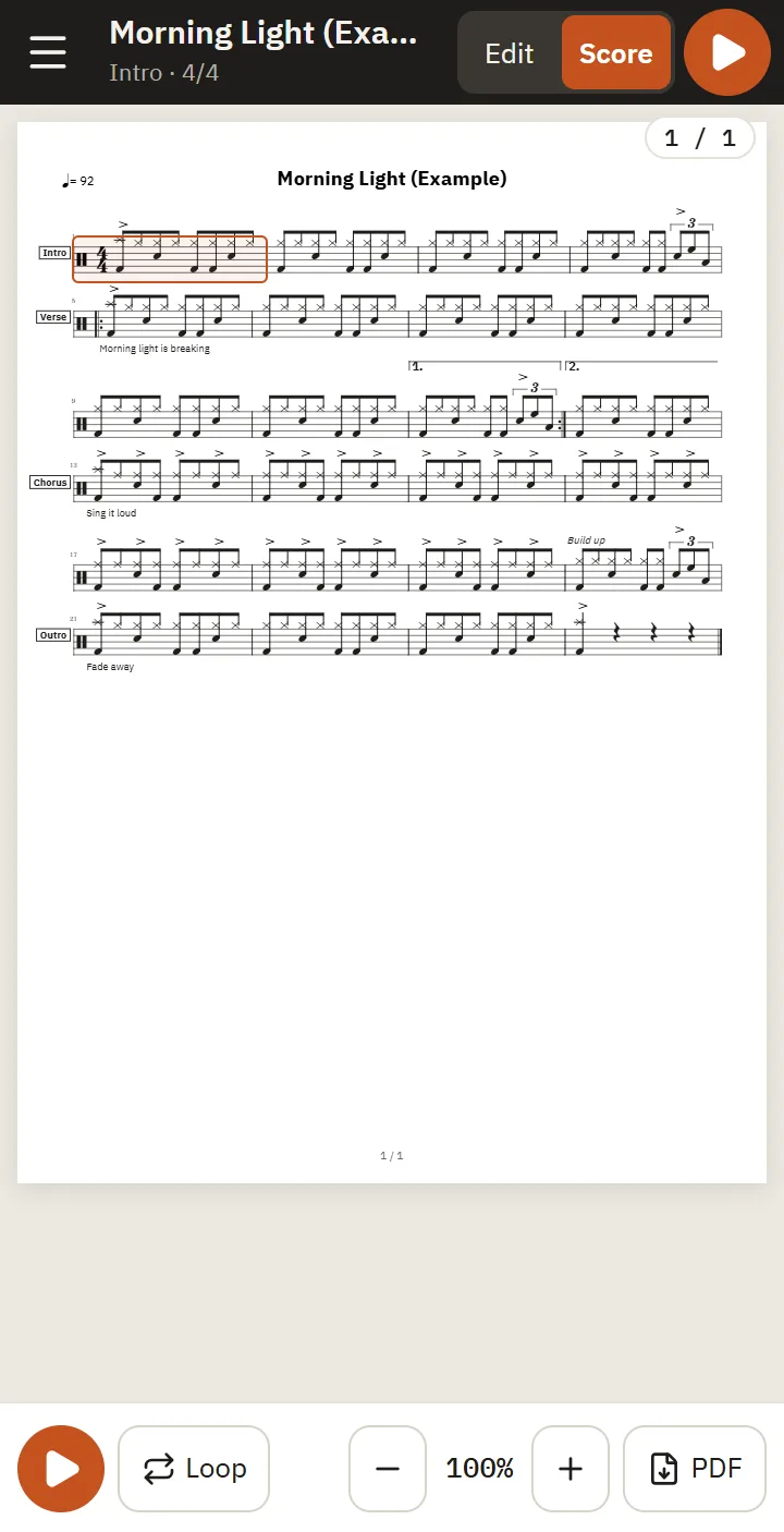 Phone score mode: an A4 page fitted to the width, with the playback bar (play, loop, speed, Save PDF)