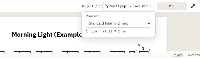 The "Size" button above the score preview and the print size options
