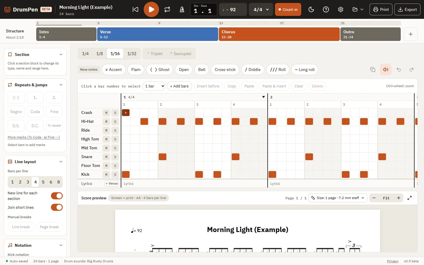 The whole DrumPen screen: top bar, section bar, left panel, grid and score preview