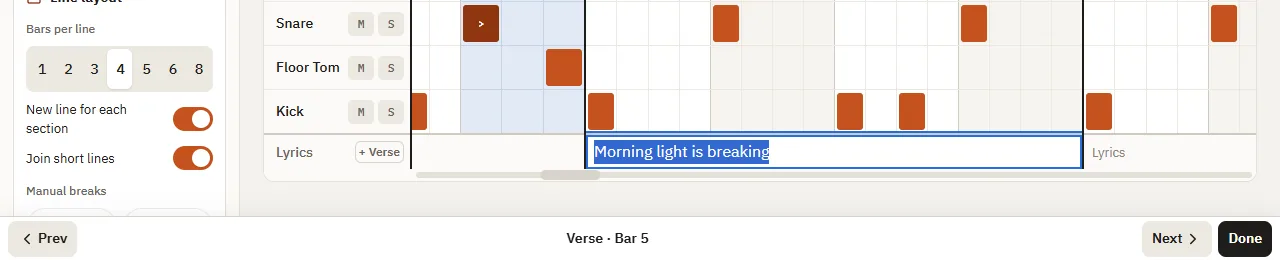 The lyrics bar above the keyboard: Prev · Verse · Bar 5 · Next · Done