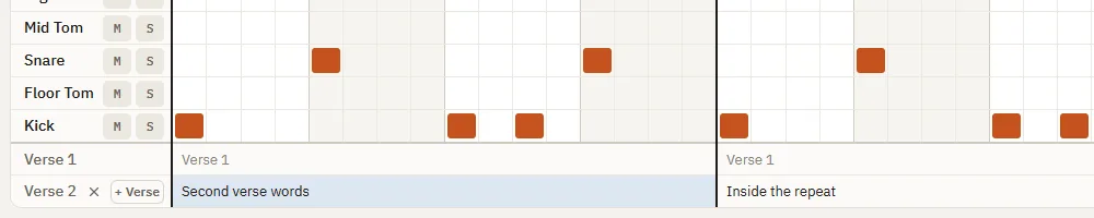 Verse 1 and verse 2 lyric rows in the grid